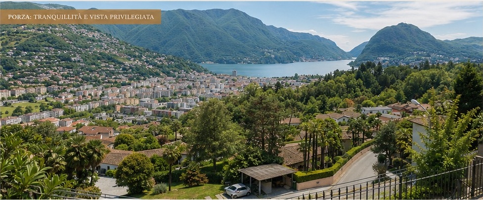 Vista panoramica da Porza verso Lugano e il lago